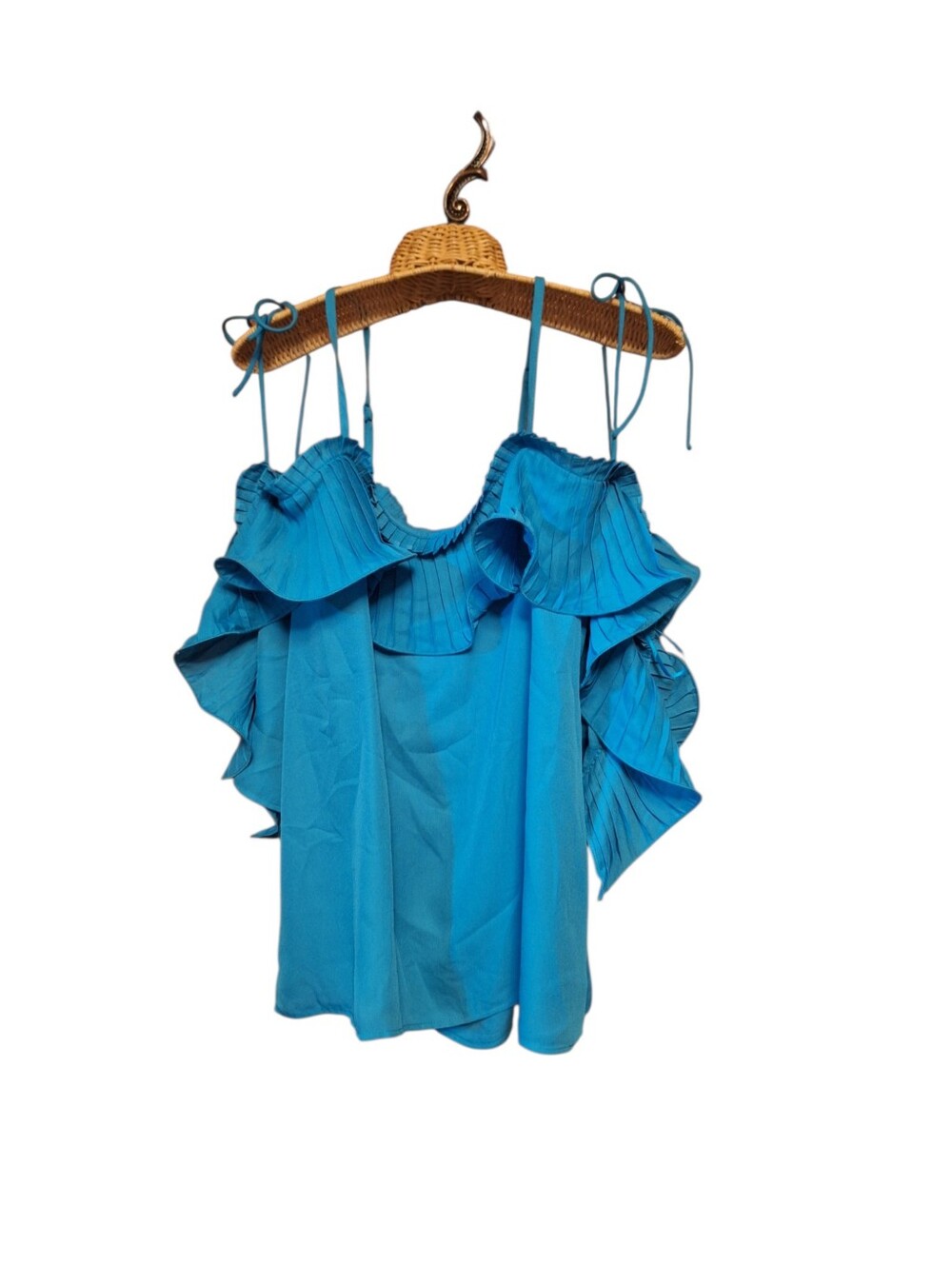 Turquoise Ruffled Pleat Cold-Shoulder Double Strapped ruffled Ladies Top Large